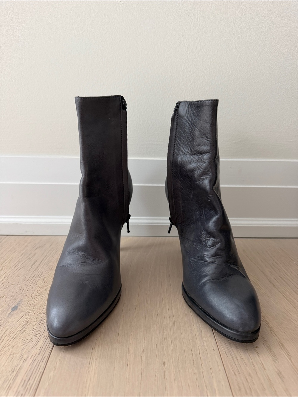 Women's Grey Leather Ankle Boots - Classic Side-Zip